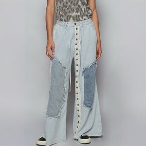 POL Bohemian Denim Stripe Crochet Patch Wide Leg Jeans S M L
